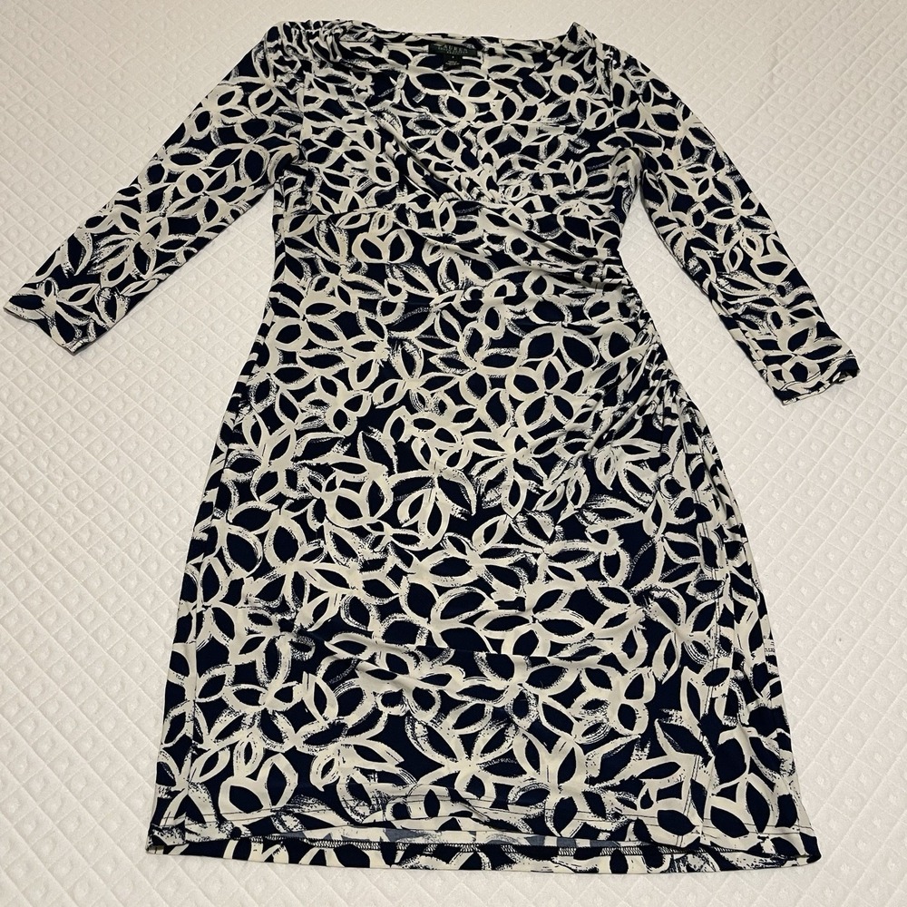 Ralph Lauren Classic Preppy Career / Wedding V‎ Neck Ruched Faux Wrap Dress 8